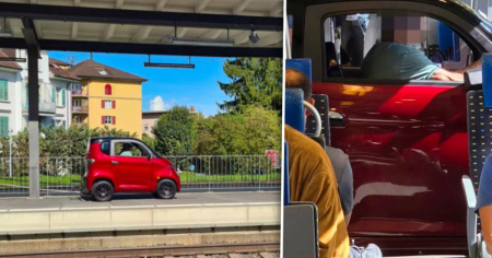 Scena surreale in stazione: sale sul treno con la mini auto