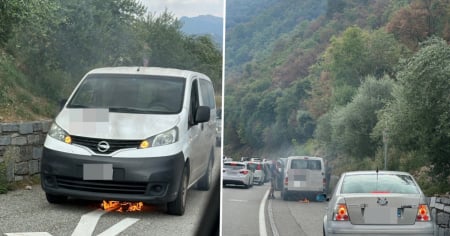 Nel traffico di una serata da dimenticare, un furgone prende fuoco all'improvviso