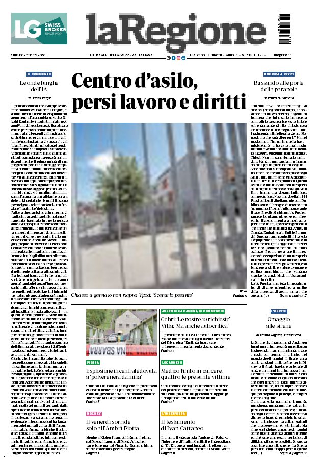 Prima pagina laRegione di oggi